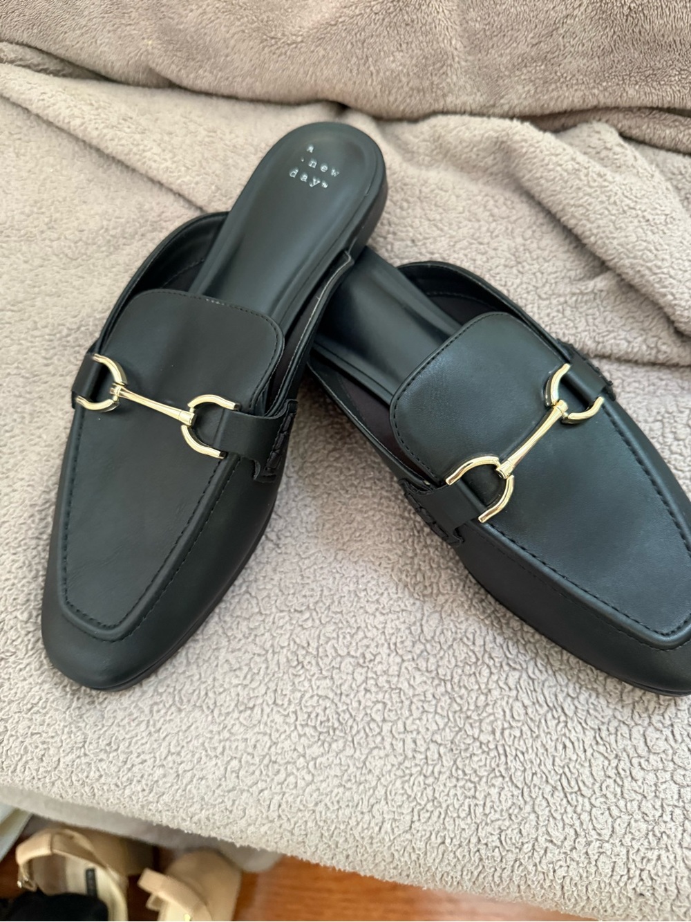 a new day Black Leather Slip-On Mules with Gold Bit